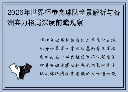 2026年世界杯参赛球队全景解析与各洲实力格局深度前瞻观察 2026年世界杯参赛球队全景解析与各洲实力格局深度前瞻观察