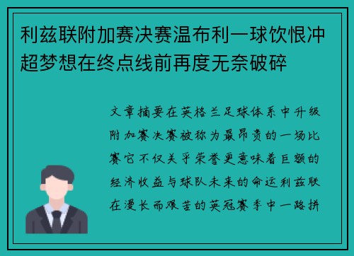 利兹联附加赛决赛温布利一球饮恨冲超梦想在终点线前再度无奈破碎 利兹联附加赛决赛温布利一球饮恨冲超梦想在终点线前再度无奈破碎